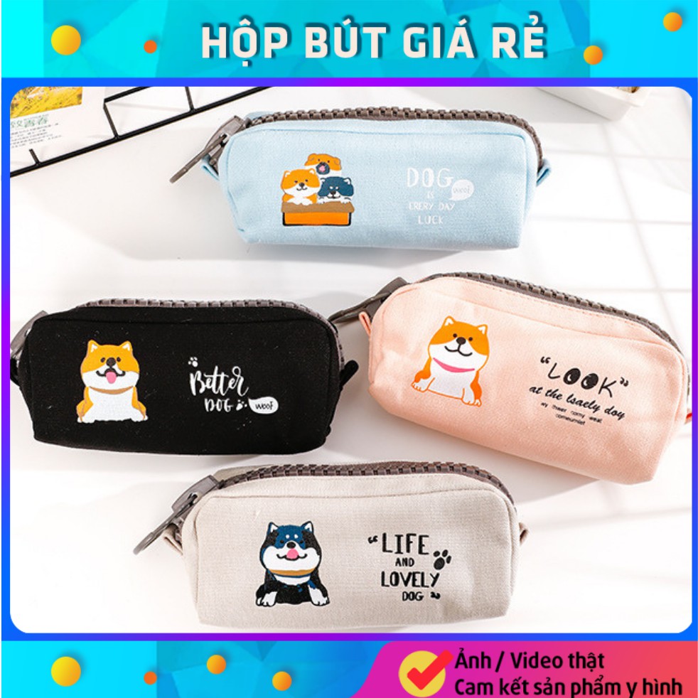 Hộp bút vải đẹp canvas hàn quốc - bóp viết khóa zip nhựa to cute hình chó Shiba dễ thương, túi đựng bút đã năng HBV18