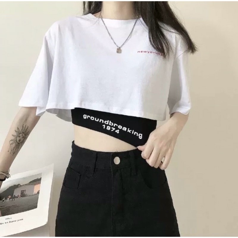 Set áo croptop kiểu kèm áo lót trong in chữ cực xinh