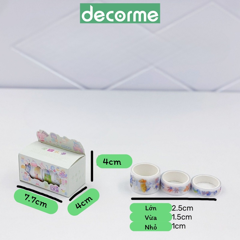 DecorMe Băng dính washi tape họa tiết dễ thương nhiều hình trang trí sổ tay, bullet journal hộp 3 cuộn