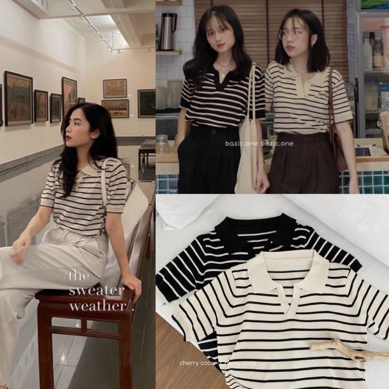 Áo len cổ đức kẻ ngang cộc tay