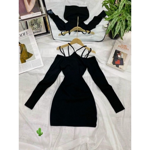 Đầm body trễ vai tay dài phối cổ yếm siêu tôn dáng