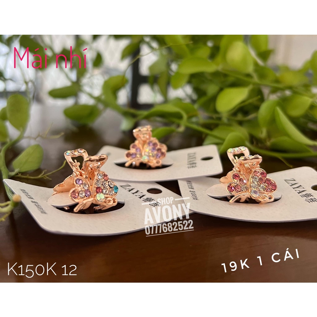 Bấu mái - Gắp (kẹp) tóc đỉnh size mini bằng kim loại đính hạt đá màu hình bướm nghiêng