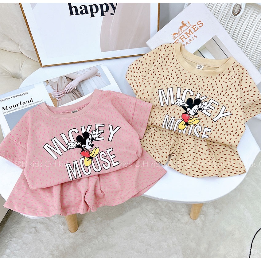 Bộ Quần Áo Cộc Tay Quần Dáng Váy Xòe Da Báo Hồng - Be In Hình Micky Mouse Vải Cotton QCCC Cho Bé Từ 8-20kg Mã CT24