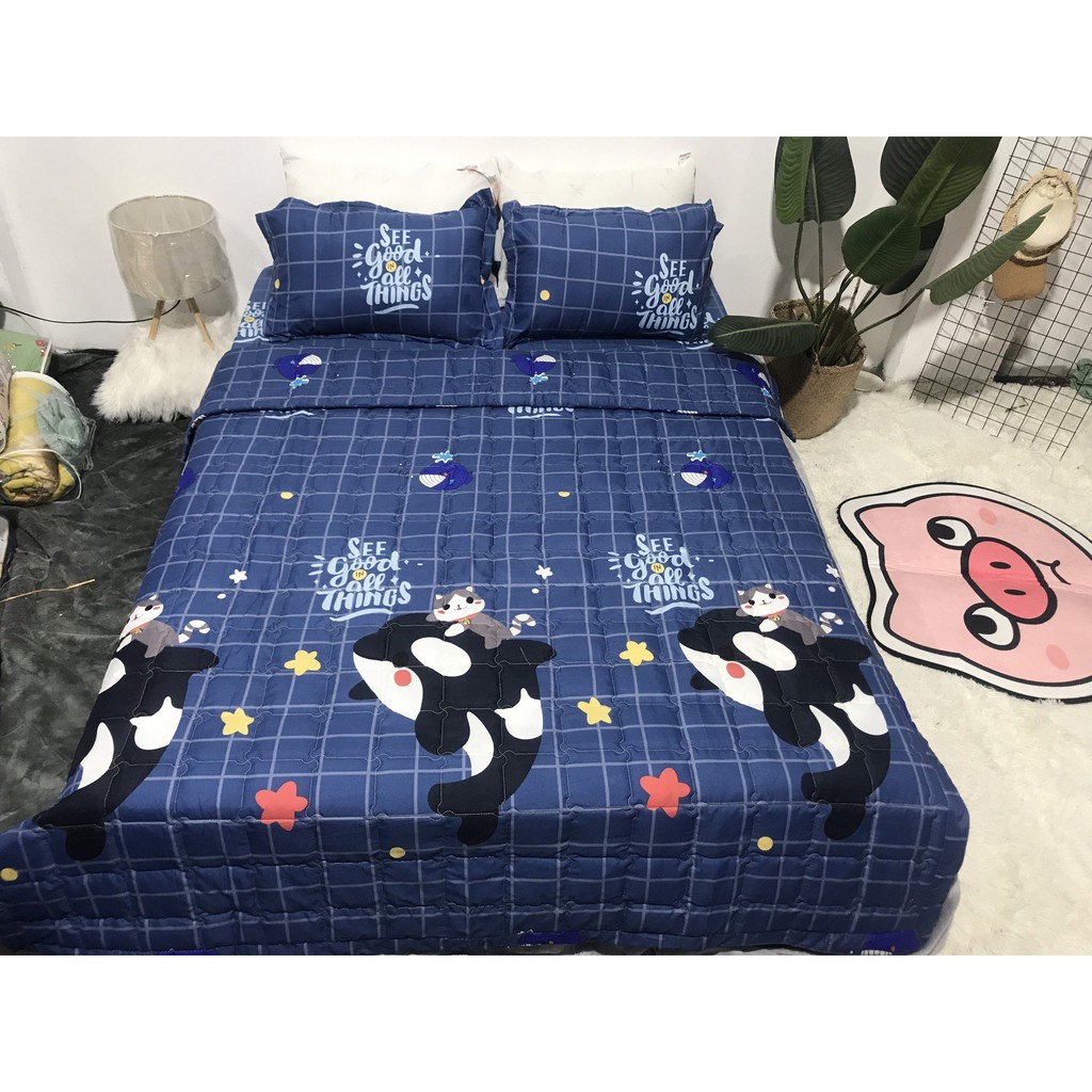 Bộ chăn hè ga gối 1m6 gồm 4 món,vải cotton poly,mẫu cá heo xanh