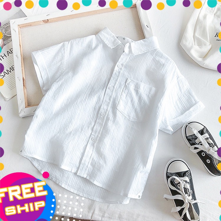 Áo sơ mi trắng bé trai 2-8 tuổi cổ đức Tommy, Áo cộc tay cho bé vải đũi nhẹ mát