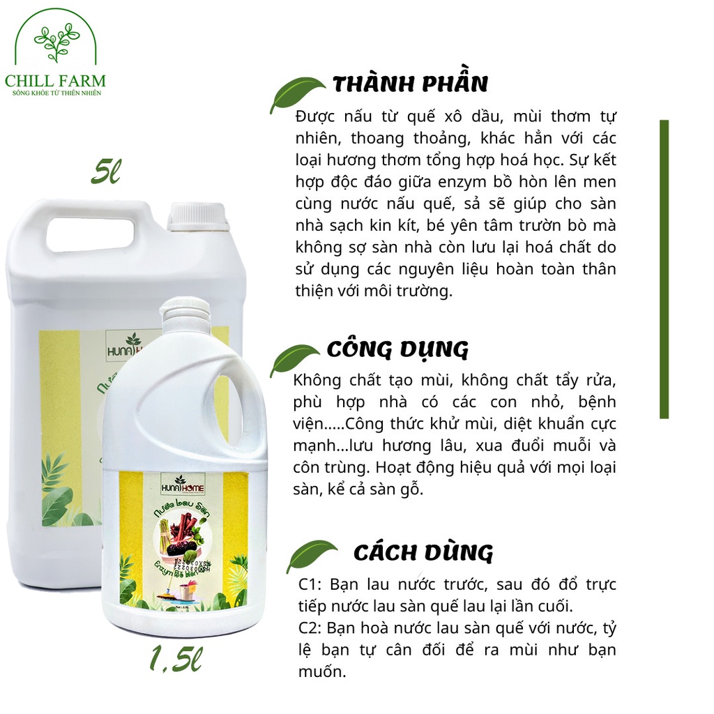 Nước lau sàn hữu cơ enzym bồ hòn, quế, sả - Nước lau sàn đuổi muỗi, côn trùng, An toàn cho trẻ Huna Home 1 lít, 5 lít