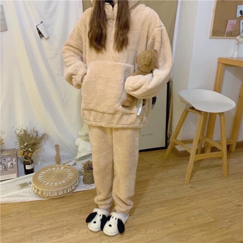 Bộ Lông Tai Gấu Hoodie Unisex, Bộ Mặc Nhà Nữ Mềm Mịn Đẹp Đáng Yêu