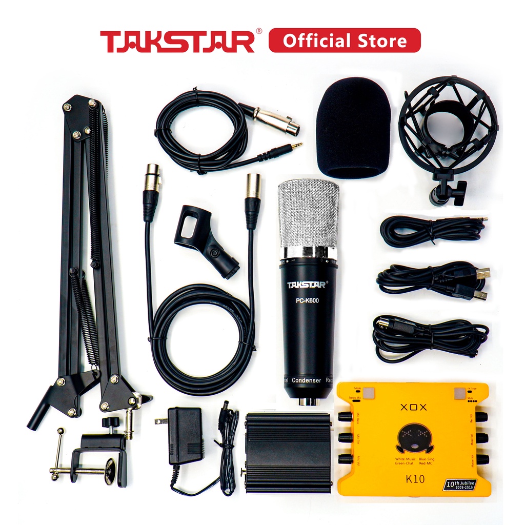 Bộ Mic Livestream Hát Karaoke Chính Hãng Đầy Đủ Mic Takstar PC-K600, Sound Card XOX K10, Nguồn 48V & Phụ Kiện