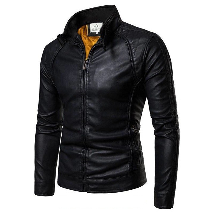 Áo Khoác Da Nam body Lót Lông Cao Cấp phối khóa cổ thời trang