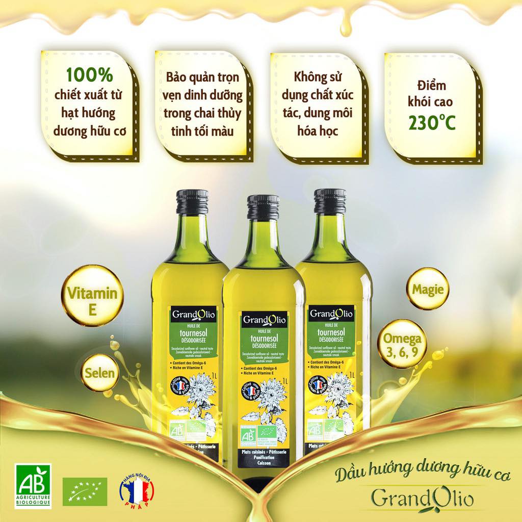 Dầu ăn hướng dương hữu cơ Grand Olio 1L Pháp