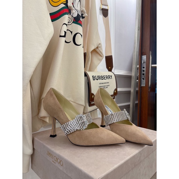 Giày cao gót nữ mũi nhọn có quai đính đá thương hiệu thời trang cao cấp Jimmy Choo