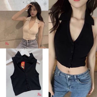 Áo croptop nữ 3 lỗ cổ bẻ 2 màu so hot
