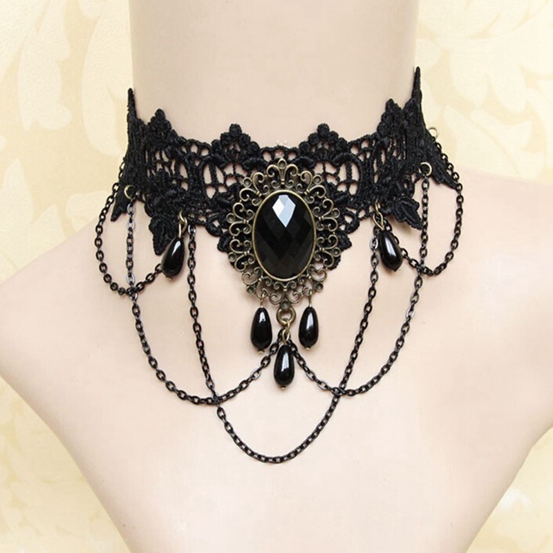 Dây chuyền choker dạng ren đính đá thời trang phong cách lolita vintage