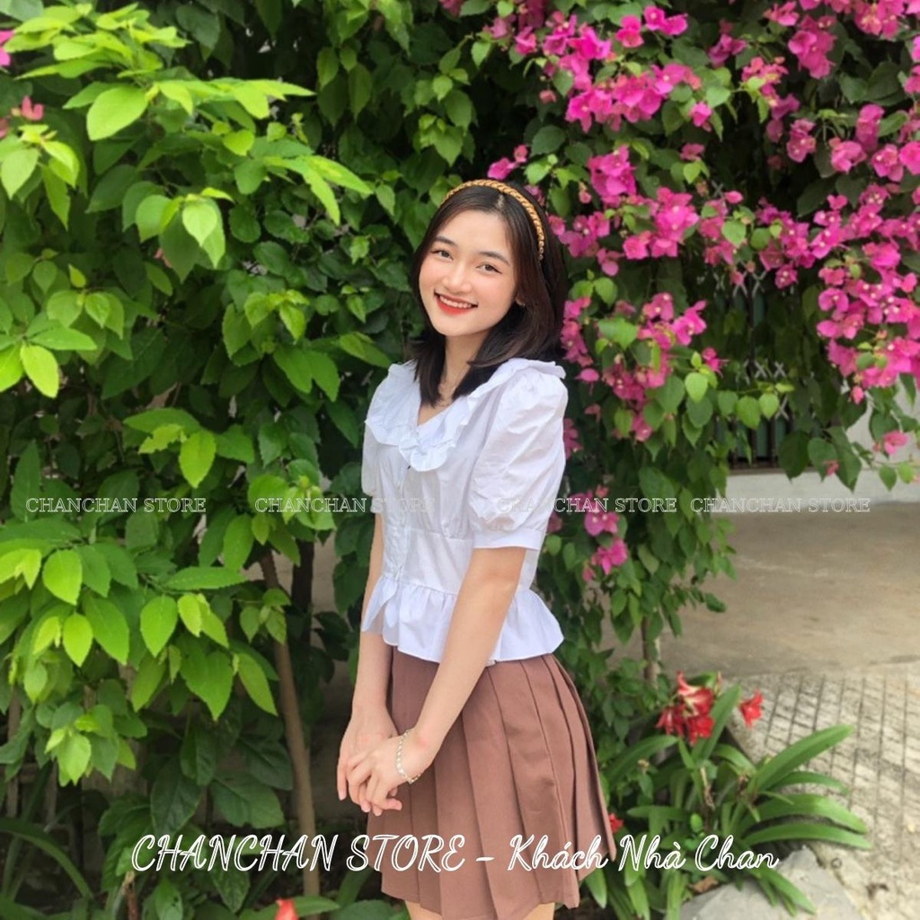 Set áo sơ mi crotop cổ bèo + chân váy xếp ly hách dáng
