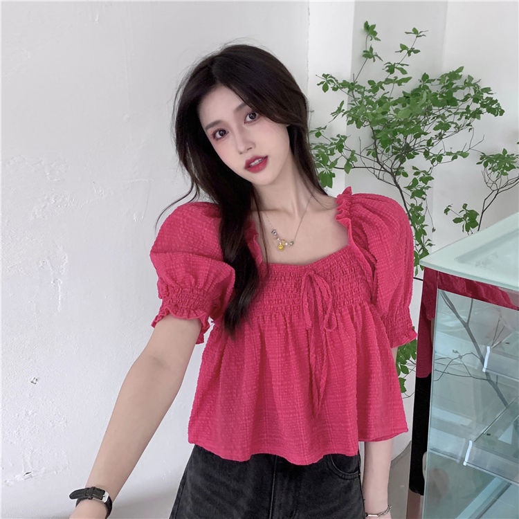 Áo Tay Phồng Ngắn Cổ Vuông Thời Trang Hàn Quốc Cho Nữ