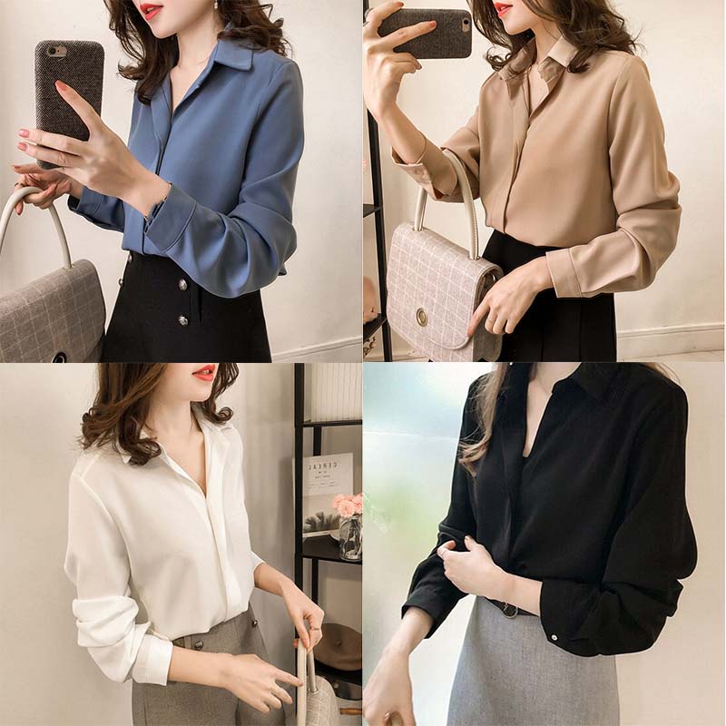 Áo sơ mi công sở nữ đẹp kiểu Hàn Quốc form rộng tay dài chất lụa cao cấp màu Trắng Be Đen Xanh HSU