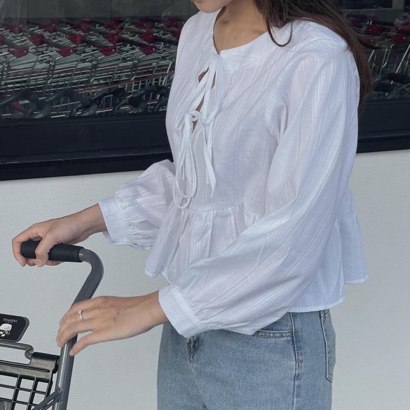 Set áo babydoll trắng buộc dây dáng croptop kèm quần váy xếp ly Ulzzang - có tách set