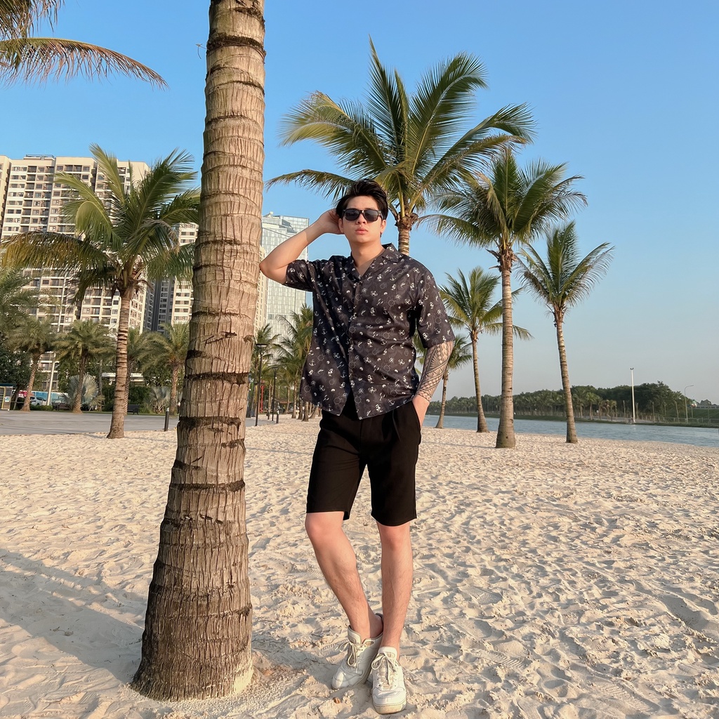 Áo sơ mi nam ngắn tay DEWE, vải lụa nhập khẩu chống nhăn thoáng mát, họa tiết Đại Dương - DEWE Cuban Shirt