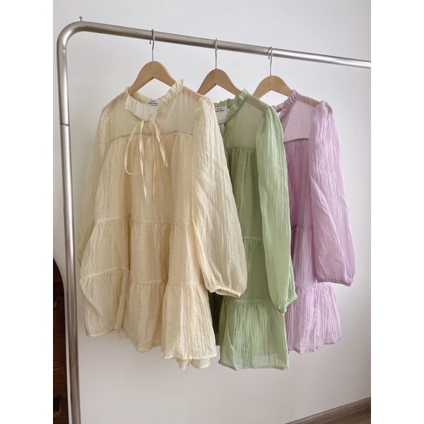 Váy babydoll tơ tay bo 2 lớp dáng xoè Pea Store - Đầm tơ dài tay kèm đai