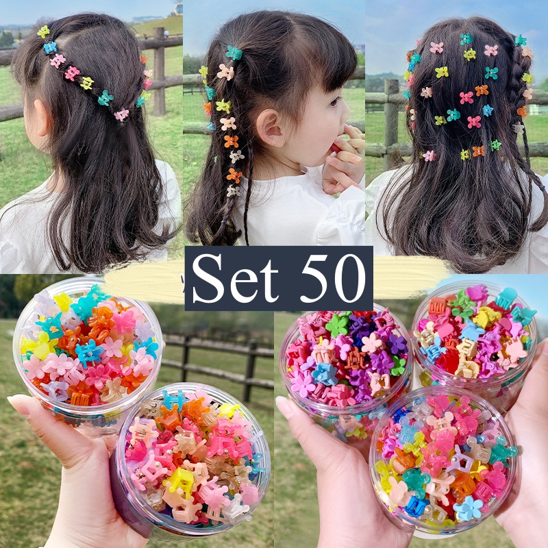 Set 50 kẹp càng cua mini kiểu bông hoa dễ thương cho bé gái kèm hộp