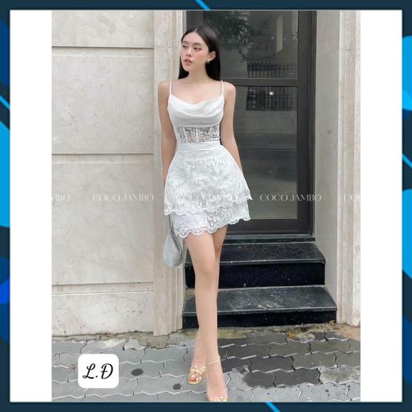 Đầm dáng chữ A hai dây ren tầng cổ đổ