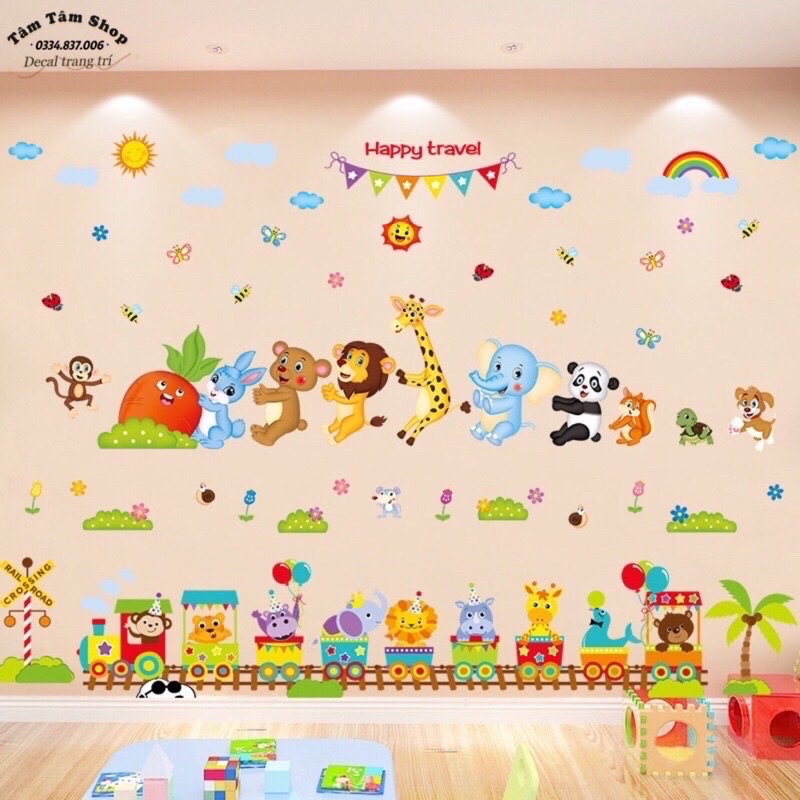 Decal dán tường cho bé thú nhổ cà rốt và đoàn tàu
