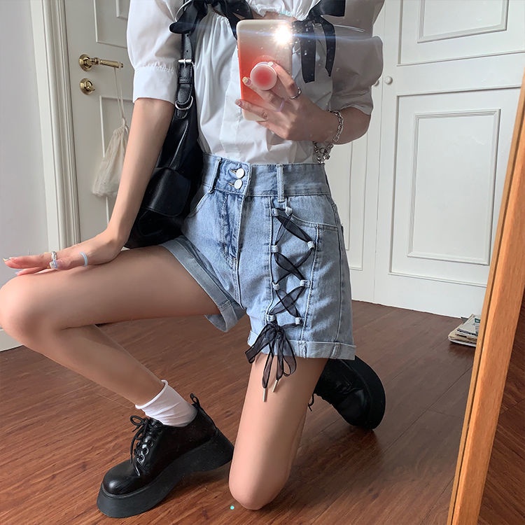 Quần Short Denim Lưng Cao Ống Rộng Thiết Kế Cột Dây Dáng Chữ A Phong Cách Đường Phố Cá Tính Cho Nữ