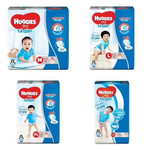 Tã dán Huggies Dry Super Jumbo M76/L68/XL62/XXL56