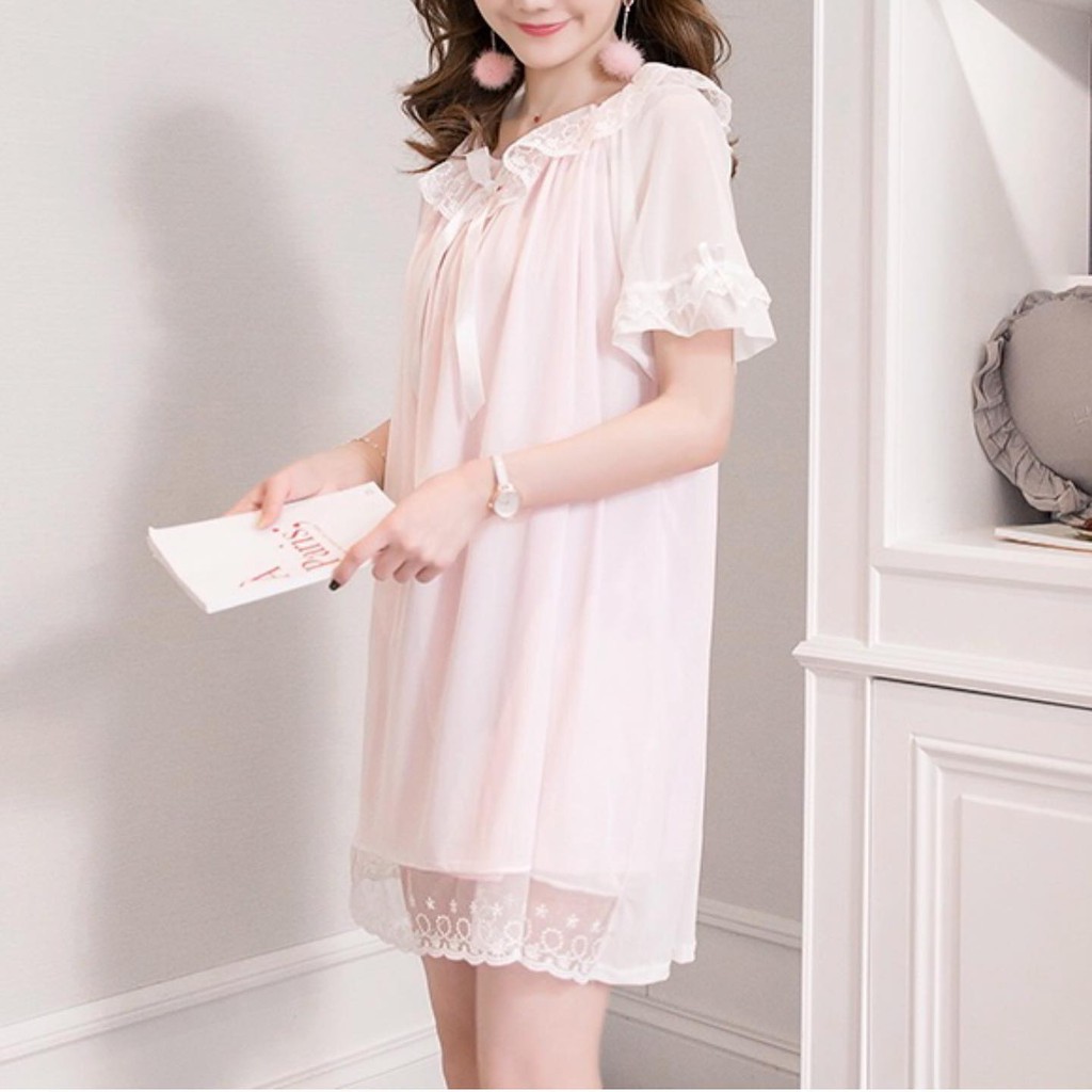 Váy ngủ, đầm ngủ, đồ mặc nhà bèo ren lưới - ngắn tay (kèm mút ngực)