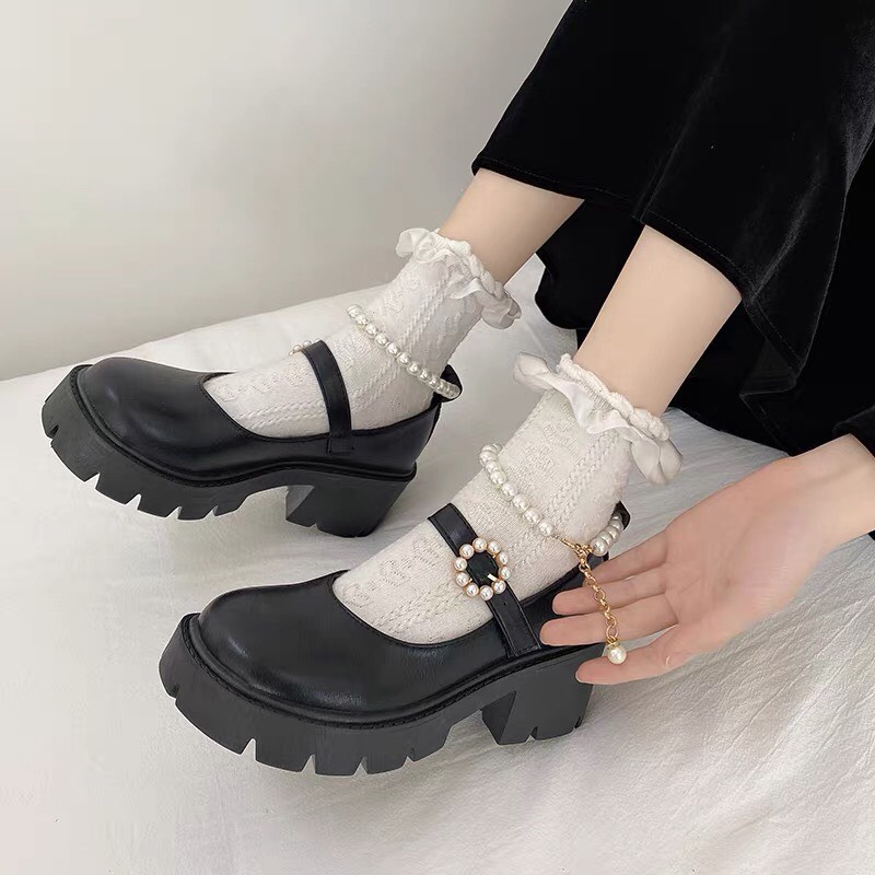 Giày búp bê nữ đế cao 5p gót vuông chất da bóng, Giày oxford nữ mũi tròn quai đính ngọc chất da bóng/ lì hottrend