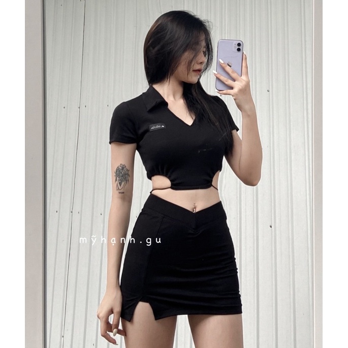 Áo Croptop Nữ Ôm Body Ngắn Tay YUMI BÁN SỈ áo Polo Khoét Eo Rút Dây