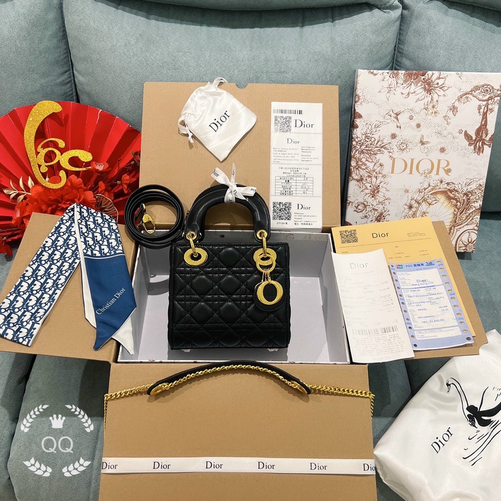 Túi Xách Thời Trang💝💝Mini Lady Dior 3 Ô Super Khóa Vàng Màu Đen Size 17Cm