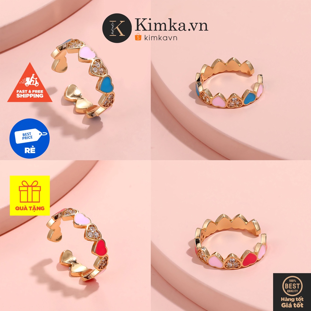(0379) Nhẫn Kim Loại Viền Trái Tim Đính Đá Sắc Màu Ngọt Ngào