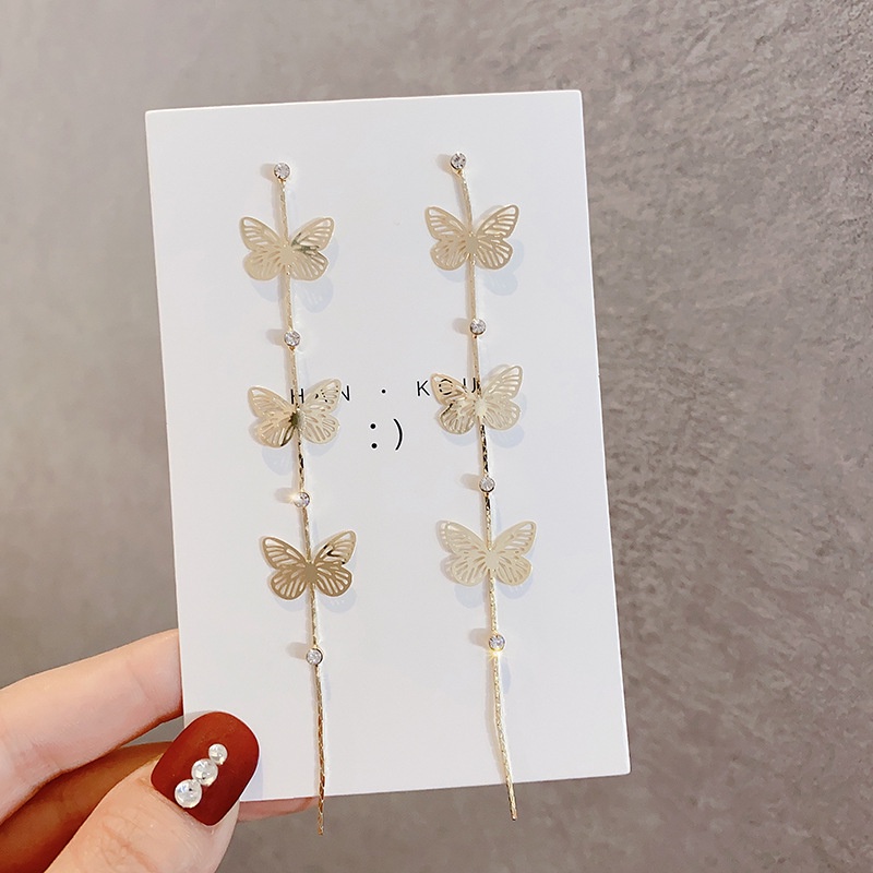 Bông Tai Thời Trang Hình Bướm Mạ Vàng Có Tua Rua