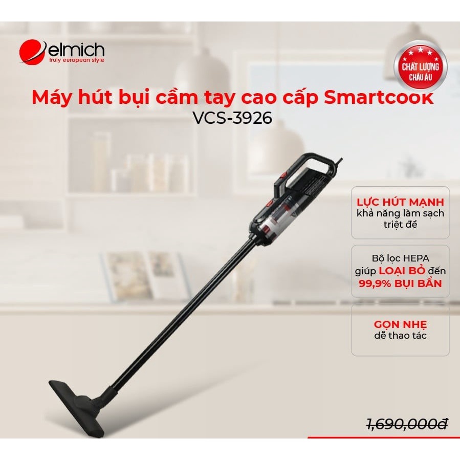 Máy hút bụi cầm tay mini không dây Smartcook VCS-3926OL, Lực hút mạnh Bộ lọc HEPA loại bỏ 99% bụi mịn Bảo hành 12 tháng