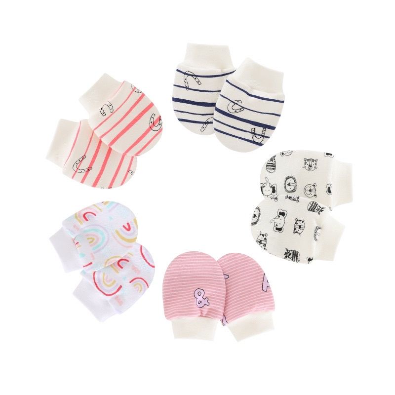 Set Mũ + Bao Tay Bao Chân Vải Cotton Trắng In Hình Cho Bé 0-2 Tháng / Nhiều Mẫu