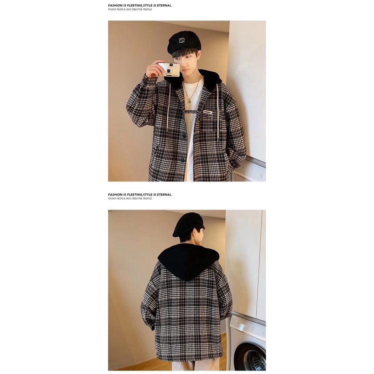 Áo khoác AOKANG có nón họa tiết sọc caro phong cách Hàn Quốc thời trang cho nam