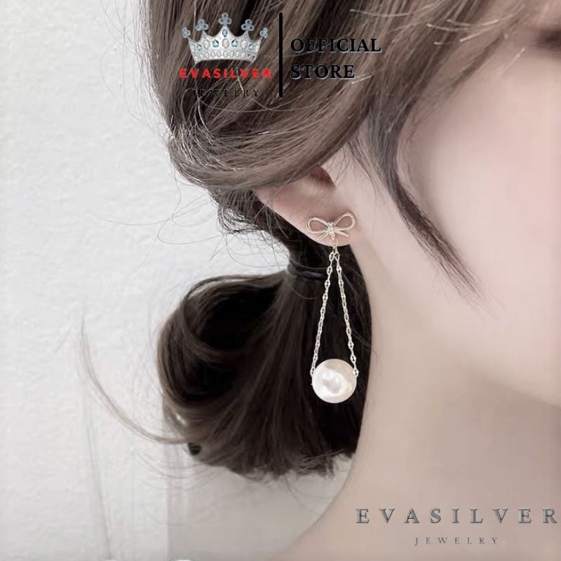 Bông tai bạc hình nơ treo hạt trai, khuyên tai bạc ta mẫu mới 2021 - Trang sức bạc Evasilver