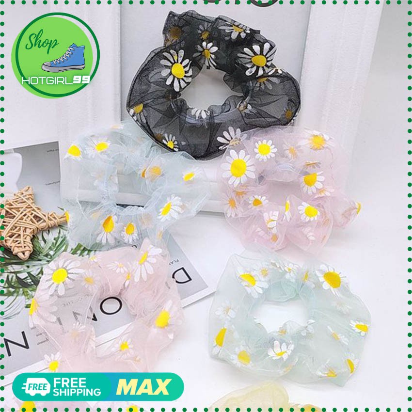 Dây buộc tóc,cột tóc scunchies vải lưới, cột toc họa tiết hoa cúc, buộc toc thanh lịch siêu hot / hotgirl99