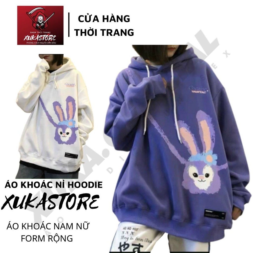 Áo khoác hoodie nỉ nam nữ form rộng XUKA SHOP in hình túi thỏ , phong cách unisex có 2 màu Trắng Tím