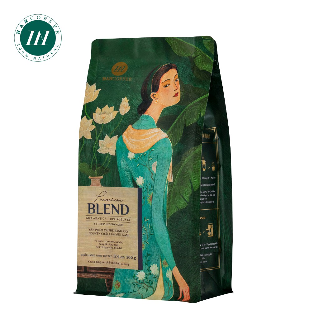 Cà Phê Pha Máy Espresso Rang Mộc, Cà Phê Nguyên Chất HANCOFFEE Premium Blend Đậm, Đắng Dễ Chịu Túi 500g - HN60A40RH