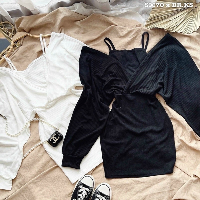 Đầm thun gân len cổ yếm, thu đông bodych