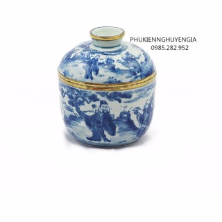 Bát nắp bọc đồng men cổ- Gốm sứ Bát Tràng - vẽ Phúc Lộc Thọ(Xanh dương nhạt)