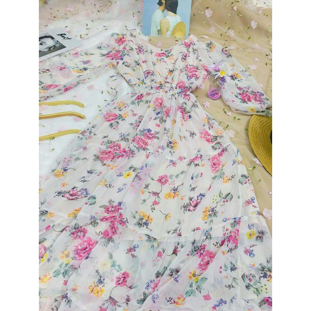 Đầm hoa maxi cổ tròn bóp eo tay dài dáng xòe | BigBuy360 - bigbuy360.vn