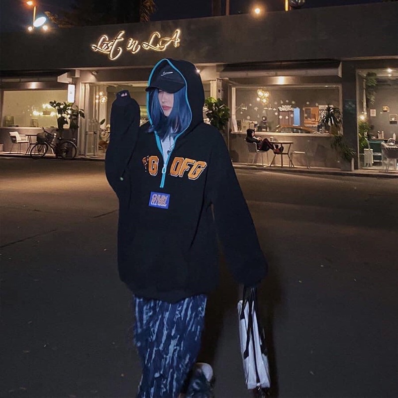 Áo hoodie bông cổ khoá chữ thêu