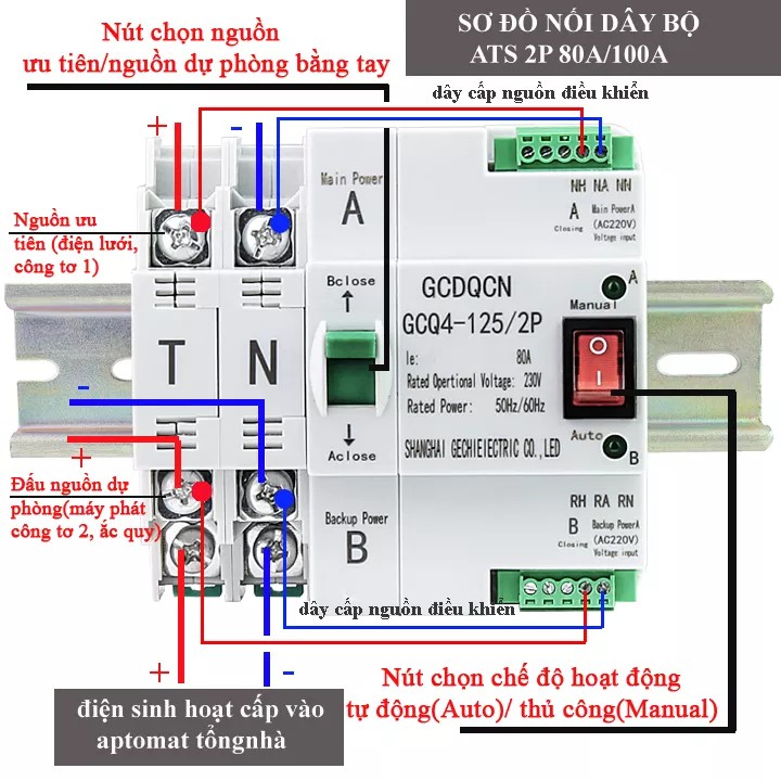 Cầu dao đảo chiều tự động 100A 2P 220V, bộ chuyển nguồn ATS công suất lớn