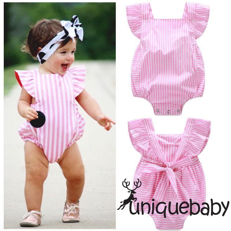 Bộ đồ áo liền quần bó sát họa tiết sọc đáng yêu thắt nơ cho bé gái