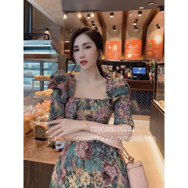 G38. ĐẦM HOA GẤM CỔ VUÔNG TAY NGẮN