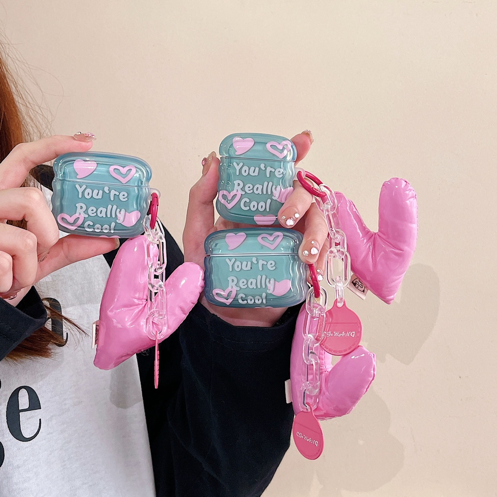 Vỏ Bảo Vệ Hộp Sạc Tai Nghe Bluetooth AirPods Pro 1 / 2 3 2021 gen3 Bằng Tpu Dẻo Họa Tiết Trái Tim Màu Xanh Lá Xinh Xắn Chống Rơi