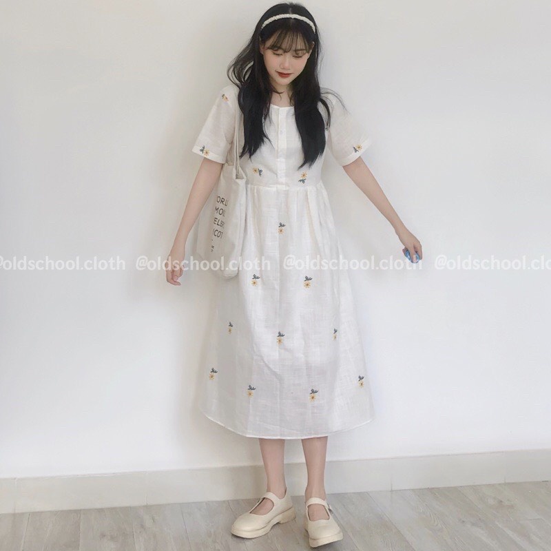 Đầm babydoll hoa cúc tay ngắn thắt nơ eo - Váy babydoll hoa nhí dáng dài cộc tay